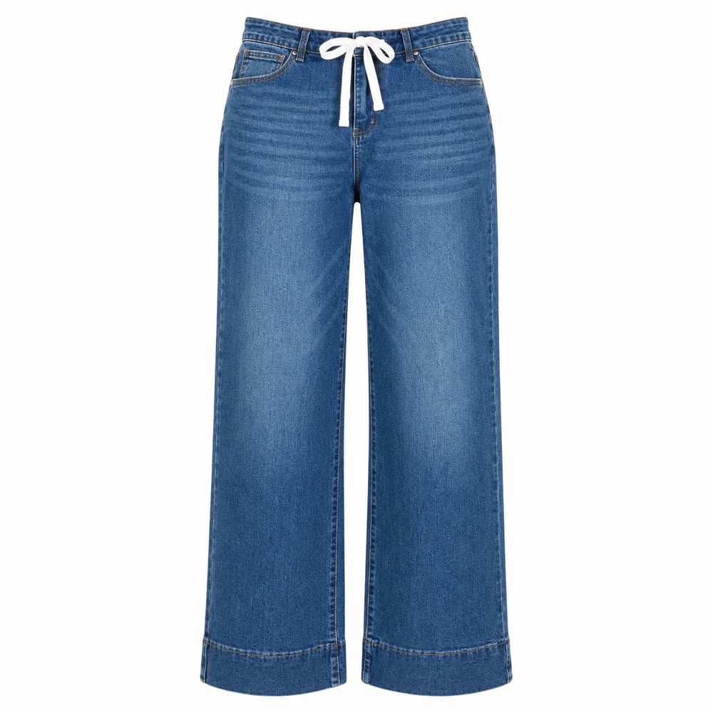 Womens Wide Leg Jeans 16 Cotton Blue Drawstring High Rise Trouser